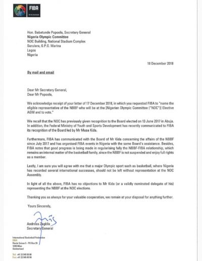 FIBA REAFFIRMS KIDA BOARD